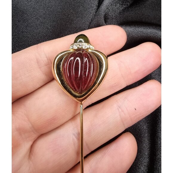Rare Find Vintage JESARA Signed Gold-Tone Stick Pin With Red Heart & Green - Picture 4 of 5